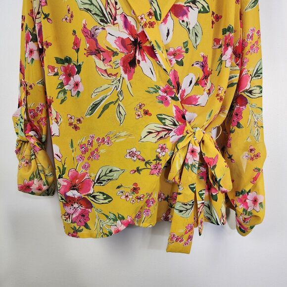 Kut From The Kloth Womens Blouse Large Floral Felicity Wrap Top Tie Waist Yellow - Picture 6 of 10